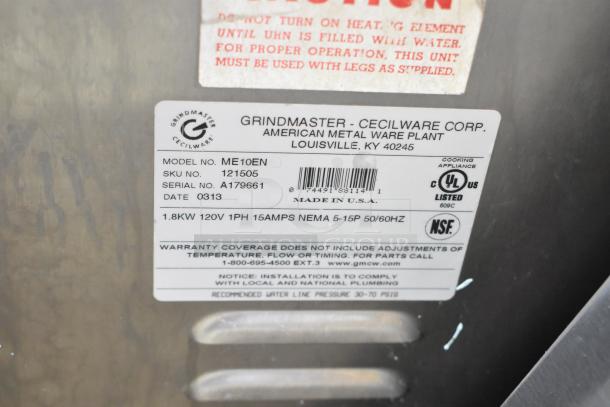 Cecilware ME10EN stainless steel commercial coffee urn, 120V, 1 phase, model label with specifications, in good condition.