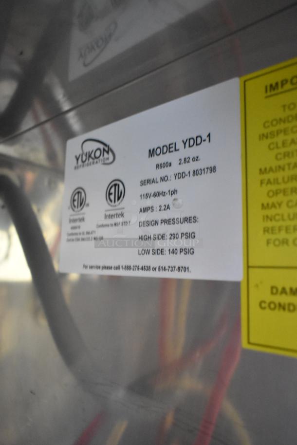 Yukon YDD-1 Stainless Steel Kegerator label showing model, serial number, voltage, phase, and pressure specs.