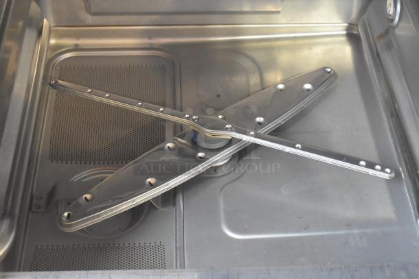 2022 Hobart LXER stainless steel undercounter dishwasher interior, showing spray arms. Model LXER, 120/208-240V, 1 phase.