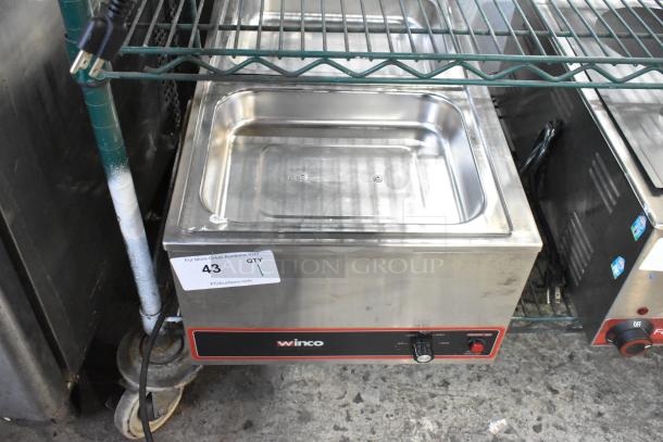 Winco FW-S500 stainless steel commercial countertop food warmer, 120 volts, 1 phase, adjustable temperature, auction tag visible.