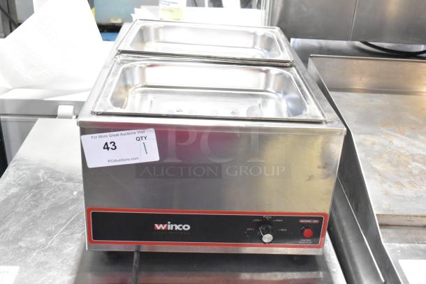 Winco FW-S500 stainless steel commercial countertop food warmer, 120 volts, used, with adjustable temperature settings and label marked "43 QTY 1."