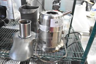 Breville Stainless Steel Commercial Juicer on a metal rack, featuring a sleek design. Label indicates lot number 45. 115 Volts, 1 Phase.