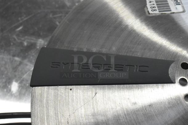 Two Synergetic metal bug zappers, durable design, visible branding, excellent condition, includes product tag and barcode.