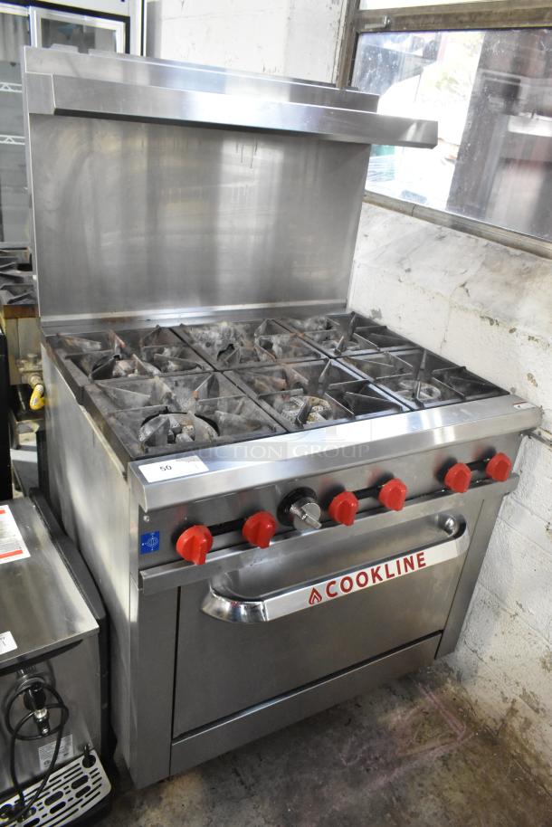 2024 Cookline CR36-6 stainless steel commercial 6 burner range with oven, over shelf, backsplash, 211,000 BTU, on casters.