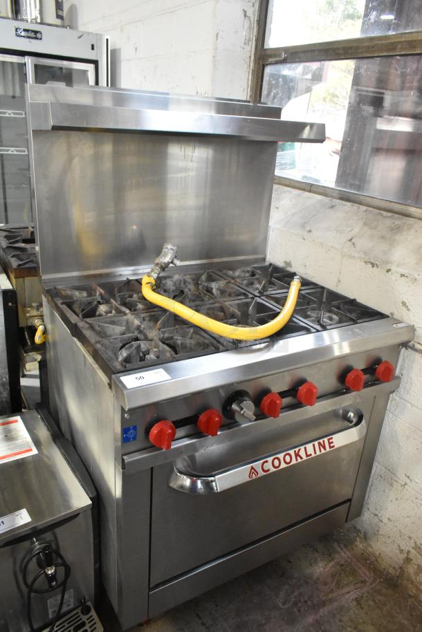 2024 Cookline CR36-6 stainless steel 6-burner natural gas range with oven, over shelf, backsplash, and commercial casters.