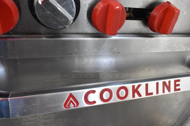 2024 Cookline CR36-6 stainless steel 6-burner range with oven, shelf, backsplash, on casters. 211,000 BTU, natural gas.
