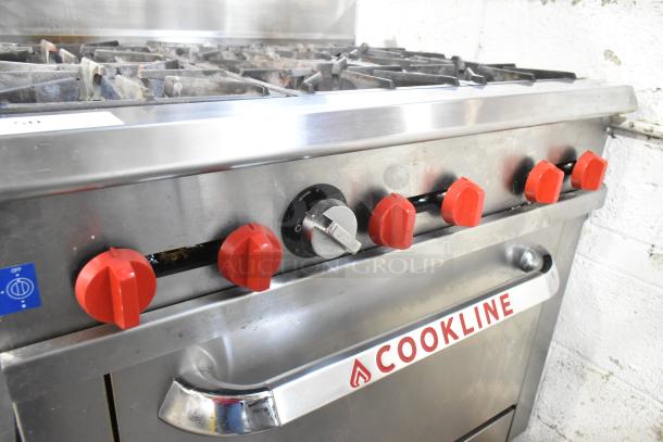 Cookline CR36-6 stainless steel range, 6 burners, oven, over shelf, back splash, 211,000 BTU, red knobs, commercial casters.
