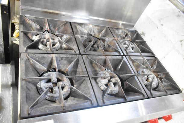 2024 Cookline CR36-6 6 Burner Range, commercial-grade stainless steel, natural gas, with oven, overshelf, backsplash.