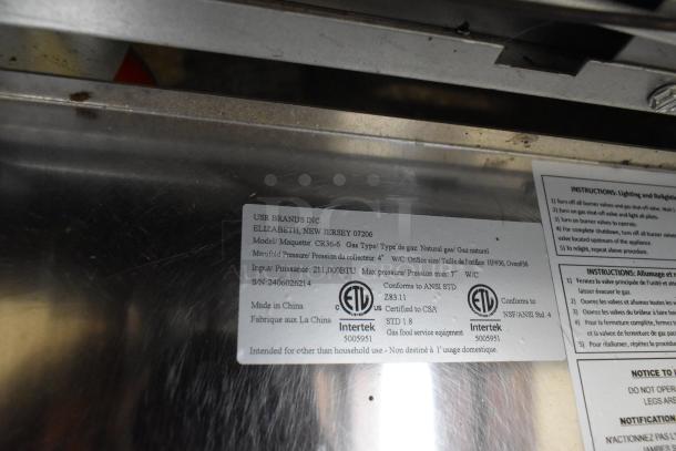 Label showing details of Cookline CR36-6 Commercial 6 Burner Range, 211,000 BTU, certified for gas service, and safety standards.