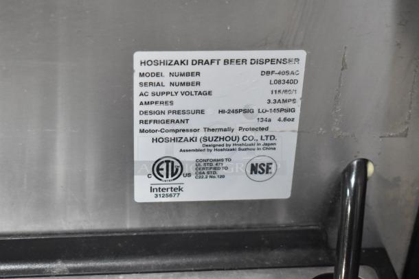 Hoshizaki DBF-40SAC stainless steel kegerator label showing model, serial number, and voltage specifications. ETL and NSF certified.