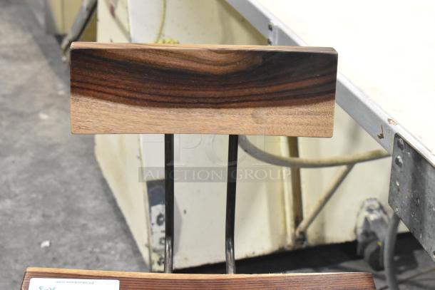 3 bar height chairs with wooden seats and metal frames, showcasing natural wood grain. In good condition.