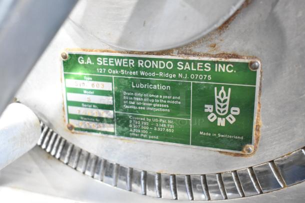 Seewer Rondo S Metal Commercial Dough Sheeter with visible label, showing lubrication details and serial number, in used condition.