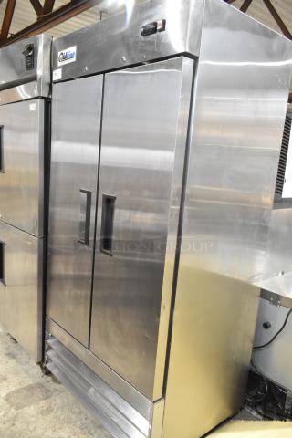 Coldline C35R stainless steel 2-door reach-in cooler with poly-coated racks, on commercial casters. 115 volts, 1 phase.