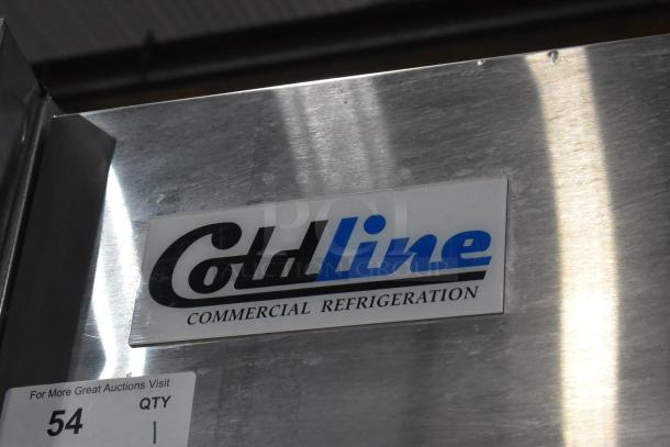 Coldline C35R stainless steel commercial cooler sign with model details. Includes labels and markings.