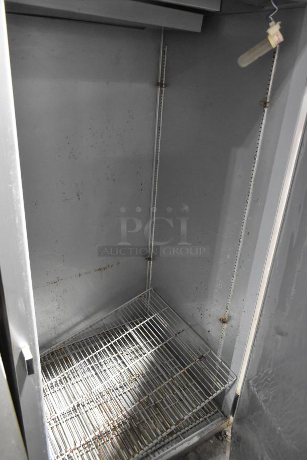 Beverage Air HR1W-1S commercial cooler, stainless steel, single door, interior view showing shelving, 115V, 1 phase condition.