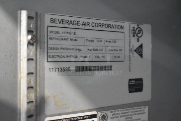 Label of Beverage Air HR1W-1S Reach In Cooler showing model, refrigerant R134a, voltage 115, and design pressure details.
