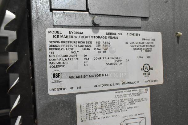 Manitowoc SY0504A ice maker label, showing model, serial number 110993859, NSF certification, and technical specifications.
