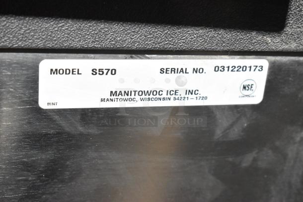 Label on Manitowoc S570 Commercial Bin with model number, serial number, and NSF certification.