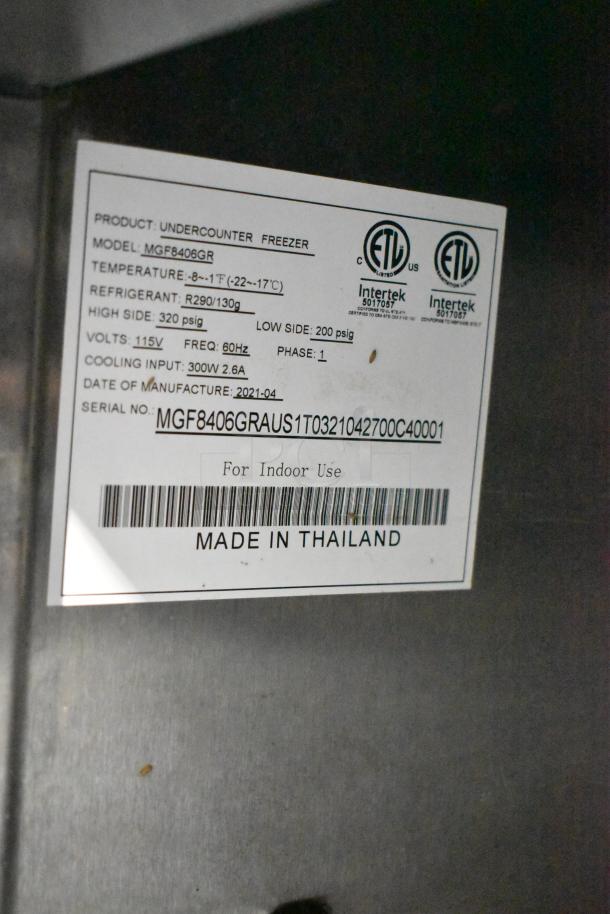 2021 Atosa MHG8406GR 2 Door Undercounter Freezer label, stainless steel, 115V, 1 phase, made in Thailand.