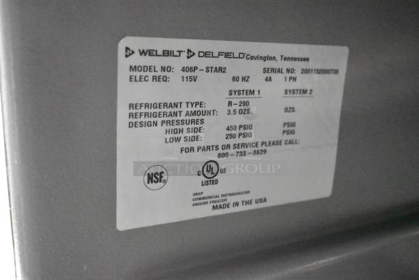 2020 Delfield 406P-STAR2 undercounter cooler label showing model, 115V, 1 phase, 3.5 oz refrigerant R-290, and UL listing.