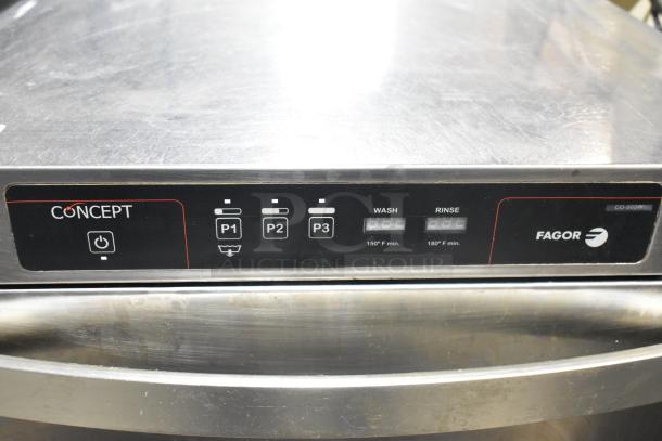 Fagor CO-502W stainless steel commercial undercounter dishwasher, 208-240V, 1 phase, control panel with wash/rinse indicators.