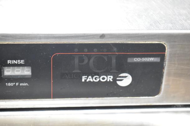Fagor CO-502W stainless steel commercial undercounter dishwasher, 208-240 volts, 1 phase, with control panel display.