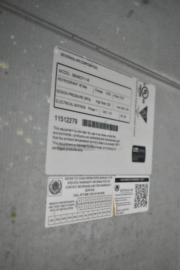 Beverage Air BB48GY-1-B commercial cooler label showing model, electrical ratings, refrigerant type, and warranty info.