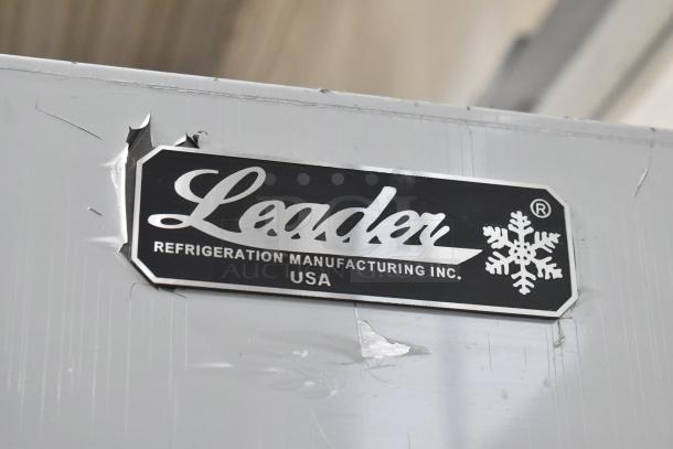 Leader LS38 SC commercial 2-door reach-in cooler; metal finish, 115 volts, 1 phase. Manufacturer label visible.