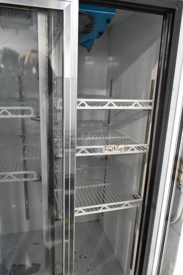 Leader LS38 SC commercial cooler, glass doors, shelves, 115V, 1-phase, visible label "Fruit Cup," good condition.
