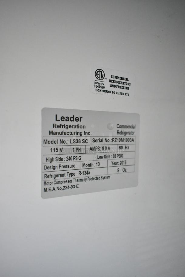 Leader LS38 SC metal 2-door reach-in cooler, commercial use, 115V, 1PH, 8A, R-134a refrigerant, year 2016.