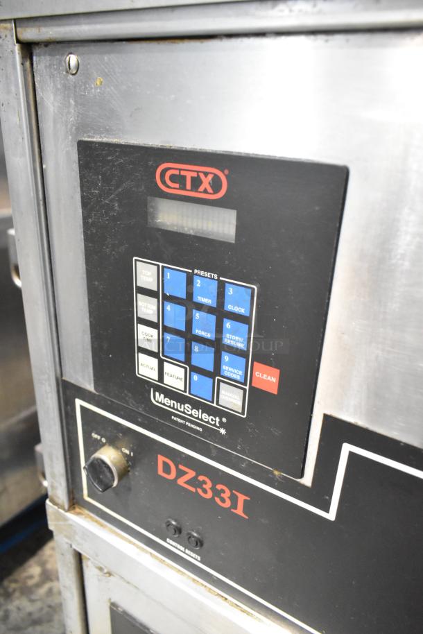 2 Middleby Marshall CTX DZ33I stainless steel electric conveyor pizza ovens, 208V, on casters, control panel close-up.