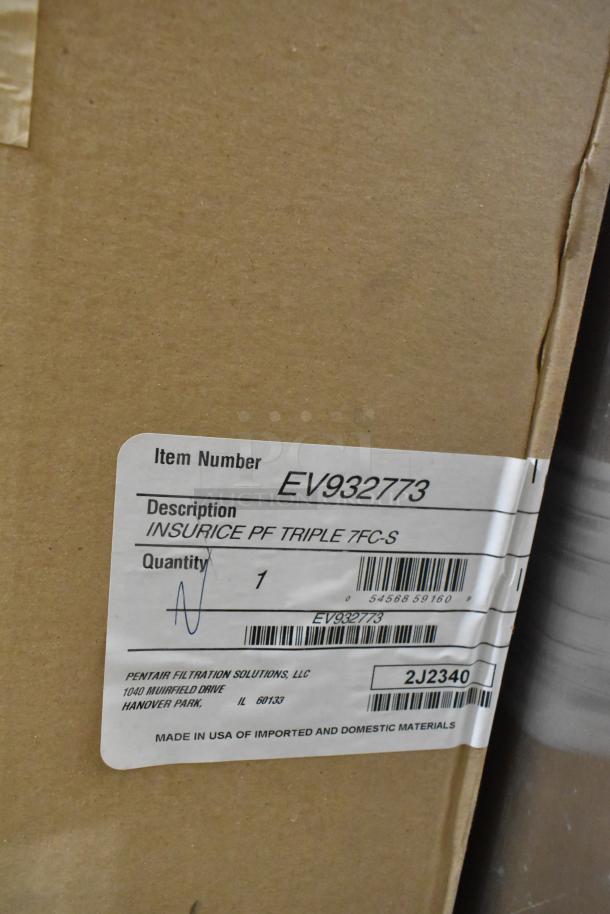 EV932773 Everpure Insurice Triple PF-7FC-S water filter assembly label on box, Pentair Filtration Solutions, made in USA.