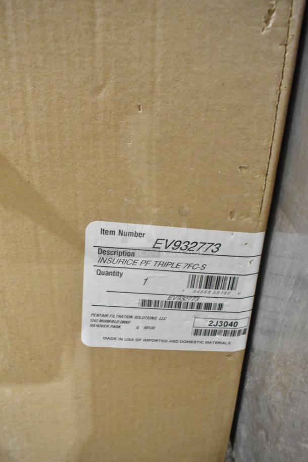 Everpure EV932773 Insurice PF Triple 7FC-S water filter cartridge assembly box with item label detailing model and origin.
