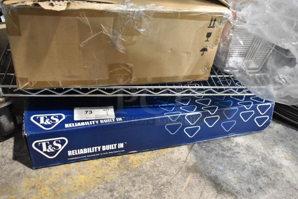 T&S Brass B-0133-12-CR-BC EasyInstall Pre-Rinse Unit in original blue packaging on metal shelf, labeled "Reliability Built In."