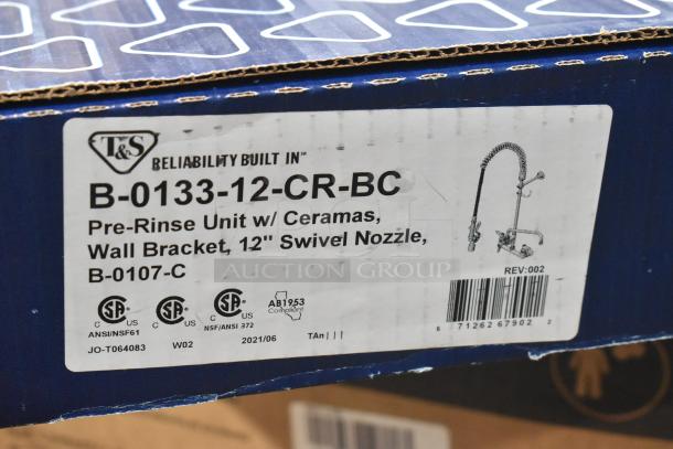 T&S Brass B-0133-12-CR-BC EasyInstall Pre-Rinse Unit, 12" swivel nozzle, Ceramas, wall bracket, new in box.