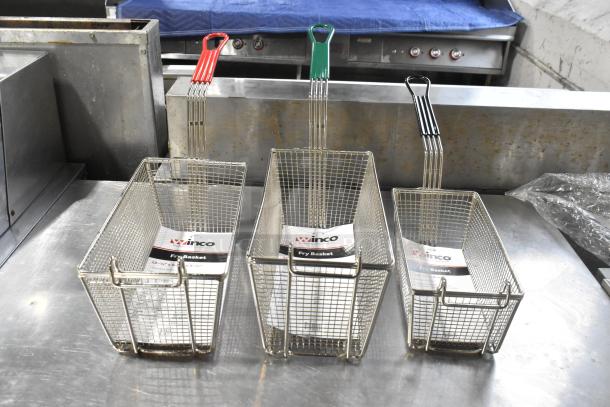 14 brand new Winco metal fry baskets, models FB-30/FB-05/FB-25, with labeled handles, scratch and dent condition.