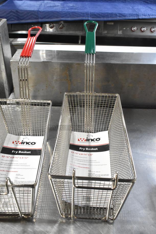14 brand new metal fry baskets, Winco FB-30/FB-05/FB-25, scratch and dent, various sizes, with colored handles.