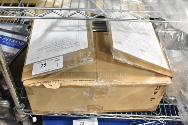 Box of Brand New Tablecraft Hot Dog Prep Trays, sealed in cardboard packaging, showing auction label with quantity.