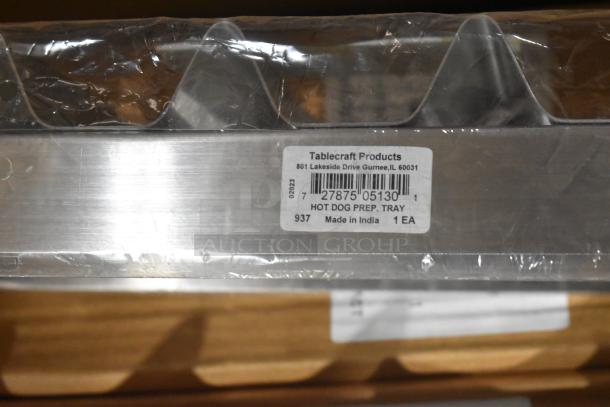 Box of brand new Tablecraft Hot Dog Prep Trays, stainless steel, sealed packaging. Label: "Made in India, 1 EA".