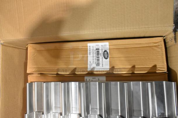 Box of brand new Tablecraft hot dog prep trays, stainless steel, with label showing model 597. Made in India.