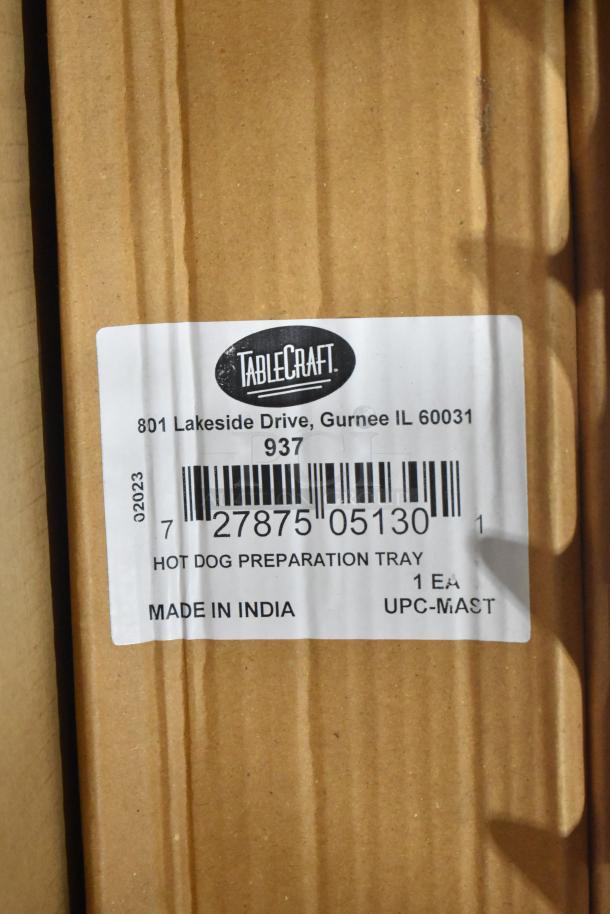 Box of brand new Tablecraft Hot Dog Prep Trays. Label indicates 801 Lakeside Drive, Gurnee, IL. Made in India. UPC: 727875051301.