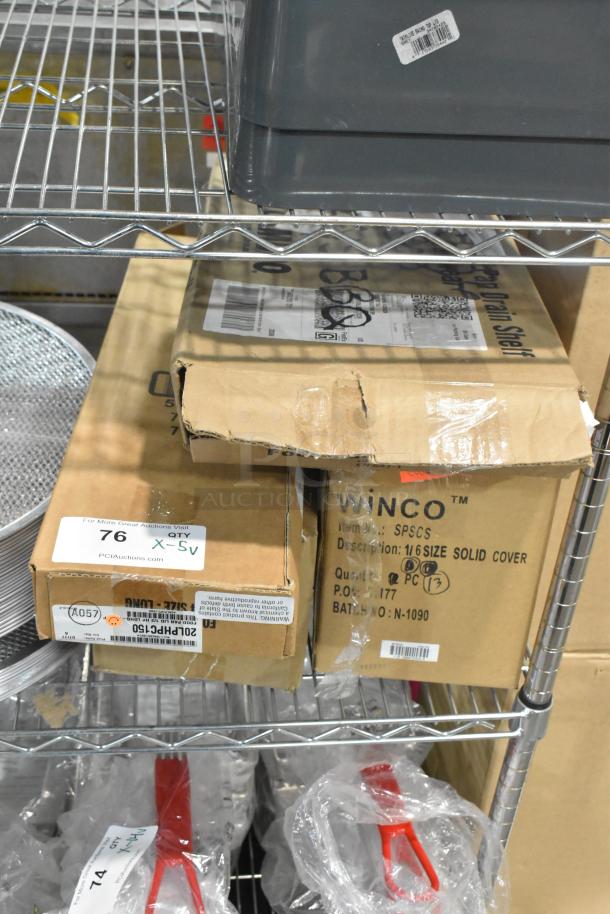5 brand new items on a metal shelf, including Cambro 20LPHPC150 lid, Winco SPSCS pan cover, Cambro 10CWD135 tray.