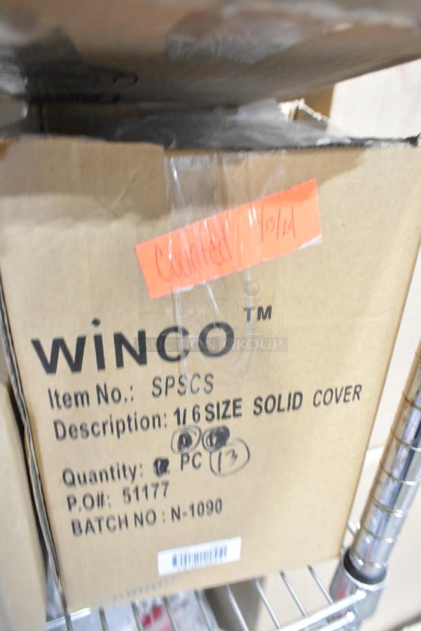 Box labeled "Winco SPSCS 1/6 Size Solid Cover," new, marked "Counted 1/13/24," includes five kitchen accessory items.