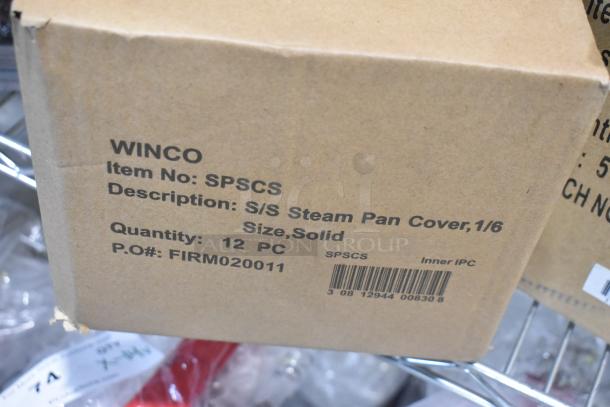 Box displaying Winco SPSCS 1/6 Size S/S Steam Pan Covers, 12 pieces. Packaging indicates new condition.