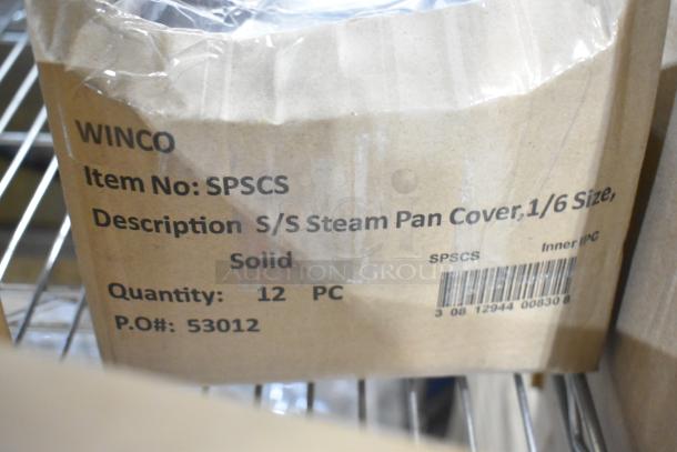 Package labeled "WINCO," containing stainless steel steam pan covers, 1/6 size, solid, item number SPSCS, 12 pieces, new condition.
