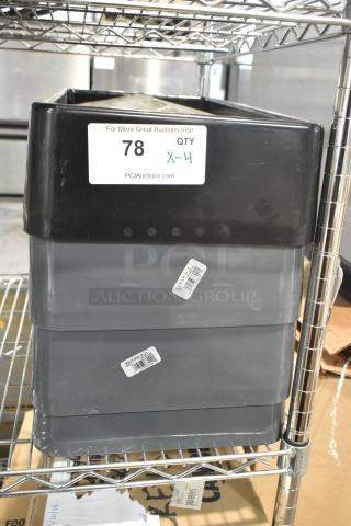 4 brand new Poly Swinging Slim Jim trash can lids, black, sealed, with auction label "78" and quantity "X-4".