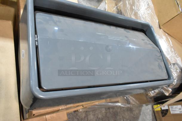Brand new gray Poly Swinging Slim Jim trash can lid, sleek design, durable plastic, ideal for commercial use.