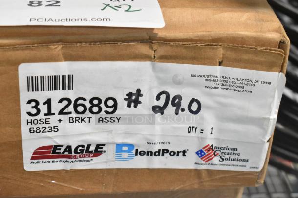 Box for Eagle 312689 hose with bracket. Label shows brand and item number. Box is sealed, indicating new condition.
