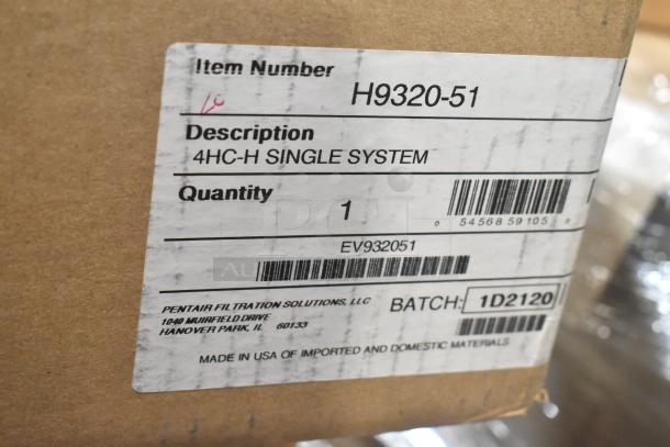 Brand new H9320-51 water filtration system, model 4HC-H, by Pentair. Box label shows item number, batch, and origin details.