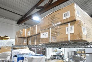 6 new boxes of Lancaster Table & Seating CH-31 230M1D-GG wooden seats, rustic wood, model and quantity details visible.